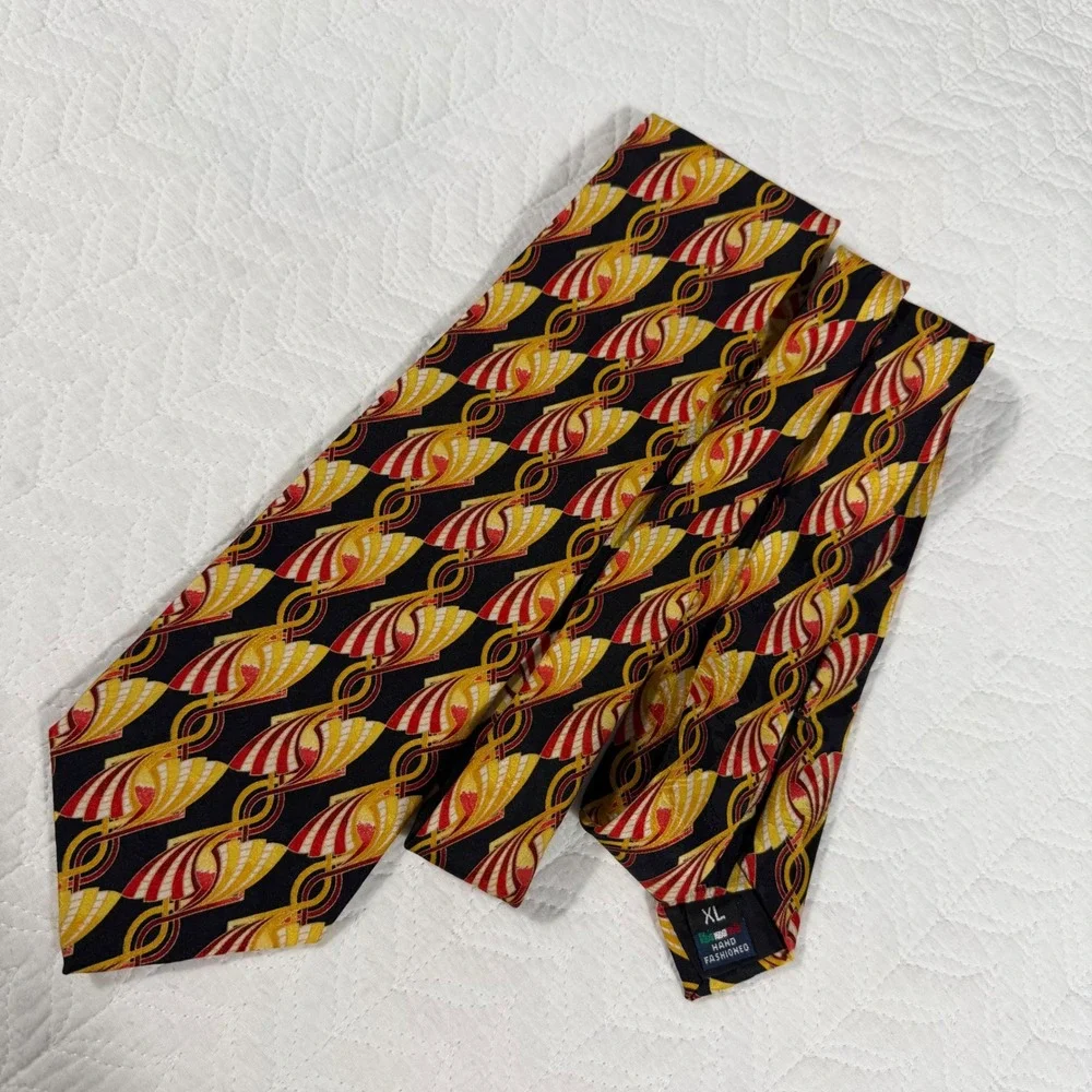 Enrico Guccini Silk Tie Mens XL Black Gold Red Art Deco Geometric 64